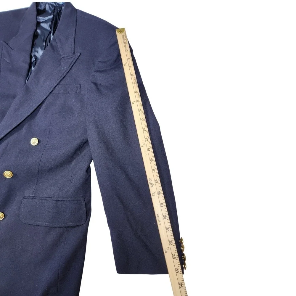Vintage 90s Lands End 40L Navy Wool Double Breasted Blazer‎ Gold Crest Buttons